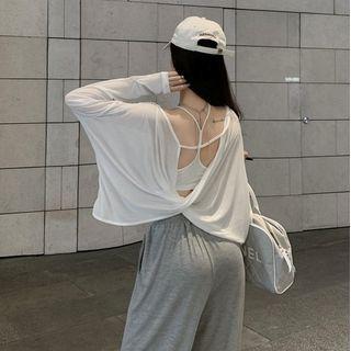 Plain Crop Camisole Top / Off-shoulder Open-back Twist Knot See-through Top / High Waist Drawstring Sweatpants