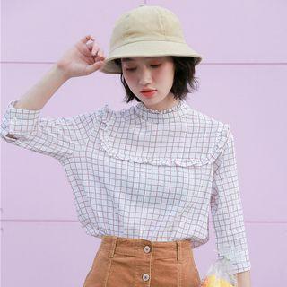 Frill Trim Check 3/4-sleeve Blouse