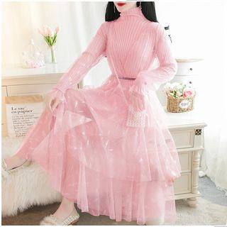 Set: Mock-neck Long-sleeve Knit Top + Mesh Maxi Suspender Skirt