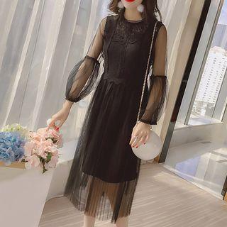 Set: Long-sleeve Lace Panel Midi Dress + Spaghetti Strap Slipdress