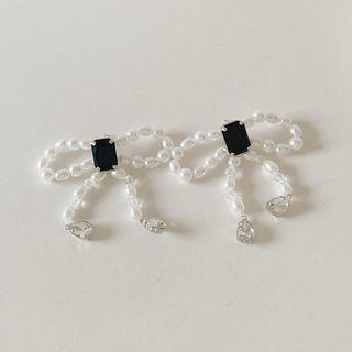 Bow Faux Pearl Dangle Earring 1 Pair - Silver Stud - Black & White - One Size