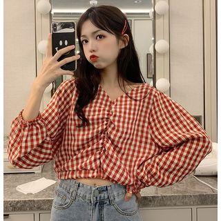 Plaid V-neck Puff-sleeve Top