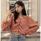 Plaid V-neck Puff-sleeve Top