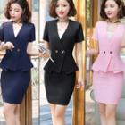 Set: V-neck Short-sleeve Blazer + Pencil Skirt + Camisole Top