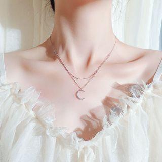 925 Sterling Silver Rhinestone Moon Pendant Layered Necklace As Shown In Figure - One Size