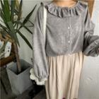 Corduroy Frilled Blouse Gray - One Size