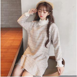 Mock Turtleneck Mini Plaid Pullover Dress