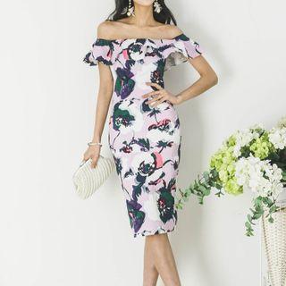 Floral Off-shoulder Ruffle Trim Midi Bodycon Dress
