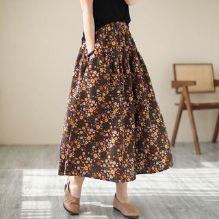 Floral A-line Midi Skirt Dark Coffee - One Size
