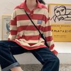 Striped Polo Neck Pullover As Shown In Figure - One Size