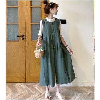 Elbow-sleeve T-shirt / Sleeveless Buttoned A-line Midi Dress