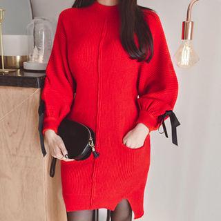 Tie-sleeve Slit-side Knit Dress