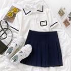 Short-sleeve Contrast Trim Shirt / Plain Pleated Mini Skirt White - One Size