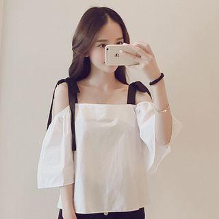 Tie Strap Cutout Shoulder 3/4 Sleeve Blouse