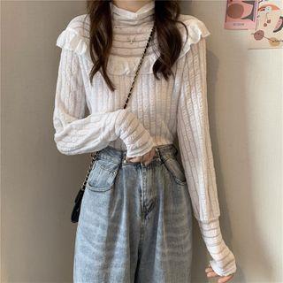 Mock-turtleneck Ruffled Shirred Blouse