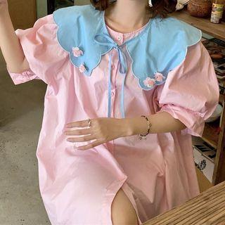 Puff-sleeve Floral Collared A-line Dress Pink - One Size