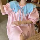Puff-sleeve Floral Collared A-line Dress Pink - One Size