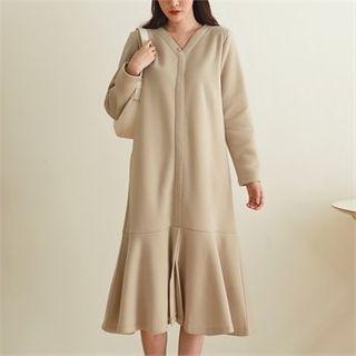 V-neck Ruffle-hem Fleece-lined Dress