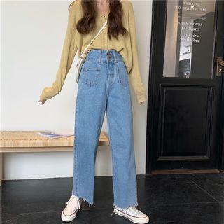 Long-sleeve V-neck Button Top / Wide Leg Jeans