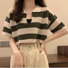 V-neck Stripe Loose Fit Cropped T-shirt