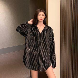 Long-sleeve Striped Glitter Shirt Black - One Size