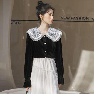 Long-sleeve Lace Collar Velvet Blouse