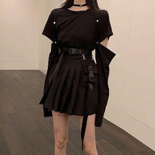 Long-sleeve Cutout T-shirt / Pleated A-line Mini Skirt