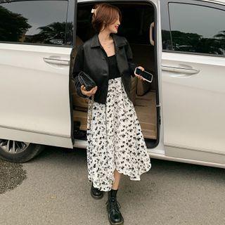 Spaghetti Strap Floral Print A-line Midi Dress / Faux Leather Button Jacket