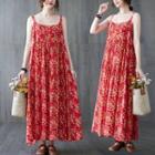 Sleeveless Floral Print A-line Dress Red - One Size