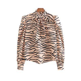 Long-sleeve Tiger Print Tie-neck Blouse