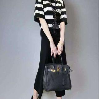 Set: Elbow-sleeve Striped Top + Plain Wide-leg Cropped Pants