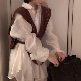 Long-sleeve Sheer Shirt / Knit Vest