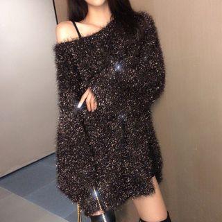 Fringed Trim One-shoulder Oversize Sweater Black - One Size