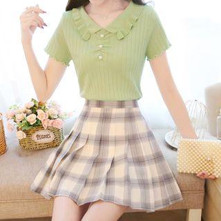 Short-sleeve Lettuce Edge Polo Knit Top / Plaid Pleated A-line Skirt / Set