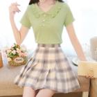 Short-sleeve Lettuce Edge Polo Knit Top / Plaid Pleated A-line Skirt / Set