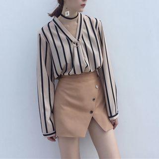 V-neck Striped Blouse / Button Detail A-line Skirt