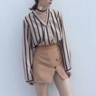 V-neck Striped Blouse / Button Detail A-line Skirt