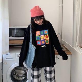 Long-sleeve Smiley Face Print T-shirt / Plaid Wide-leg Pants