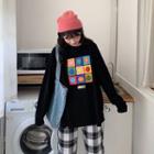 Long-sleeve Smiley Face Print T-shirt / Plaid Wide-leg Pants