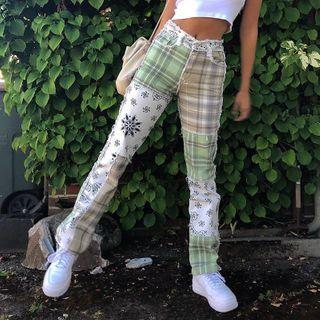 Plaid Panel Straight Leg Pants