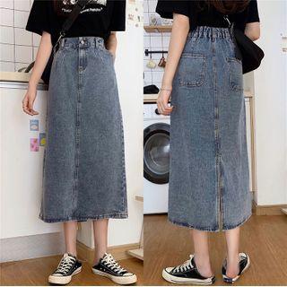 Denim High-waist Split Midi Skirt