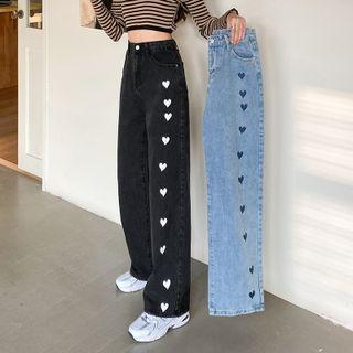 Heart Pattern Mid Rise Loose Fit Jeans