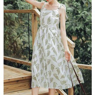 Strappy Leaf Printed A-line Dress