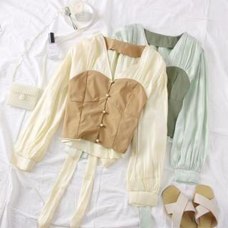 Ribbon-back Colorblock Mock Two-piece Blouse