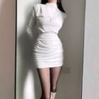 Mock-neck Ruched Long-sleeve Mini Dress