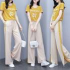 Set: Short-sleeve Letter T-shirt + Contrast Trim Wide-leg Pants