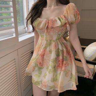 Short-sleeve Floral Print Mini A-line Dress Red Flower - White - One Size