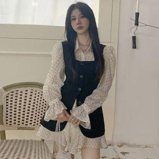 Bell-sleeve Dotted Mini A-line Shirtdress/ Single-breasted Vest