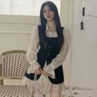 Bell-sleeve Dotted Mini A-line Shirtdress/ Single-breasted Vest