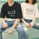 Couple Matching Lettering Color Panel Elbow Sleeve T-shirt